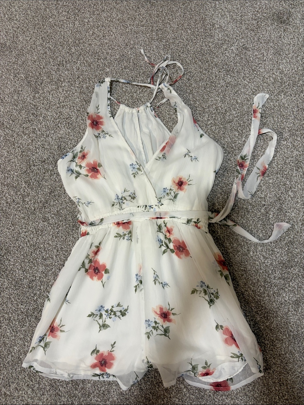 Abercrombie & Fitch White Floral Halter Romper with Pink Flowers